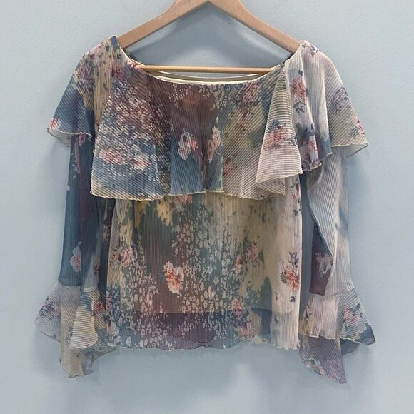 River Island Floral Bateau Neck Long Sleeve Mesh Sheer Fairy Y2K Top Pink US 4 - Picture 8 of 12